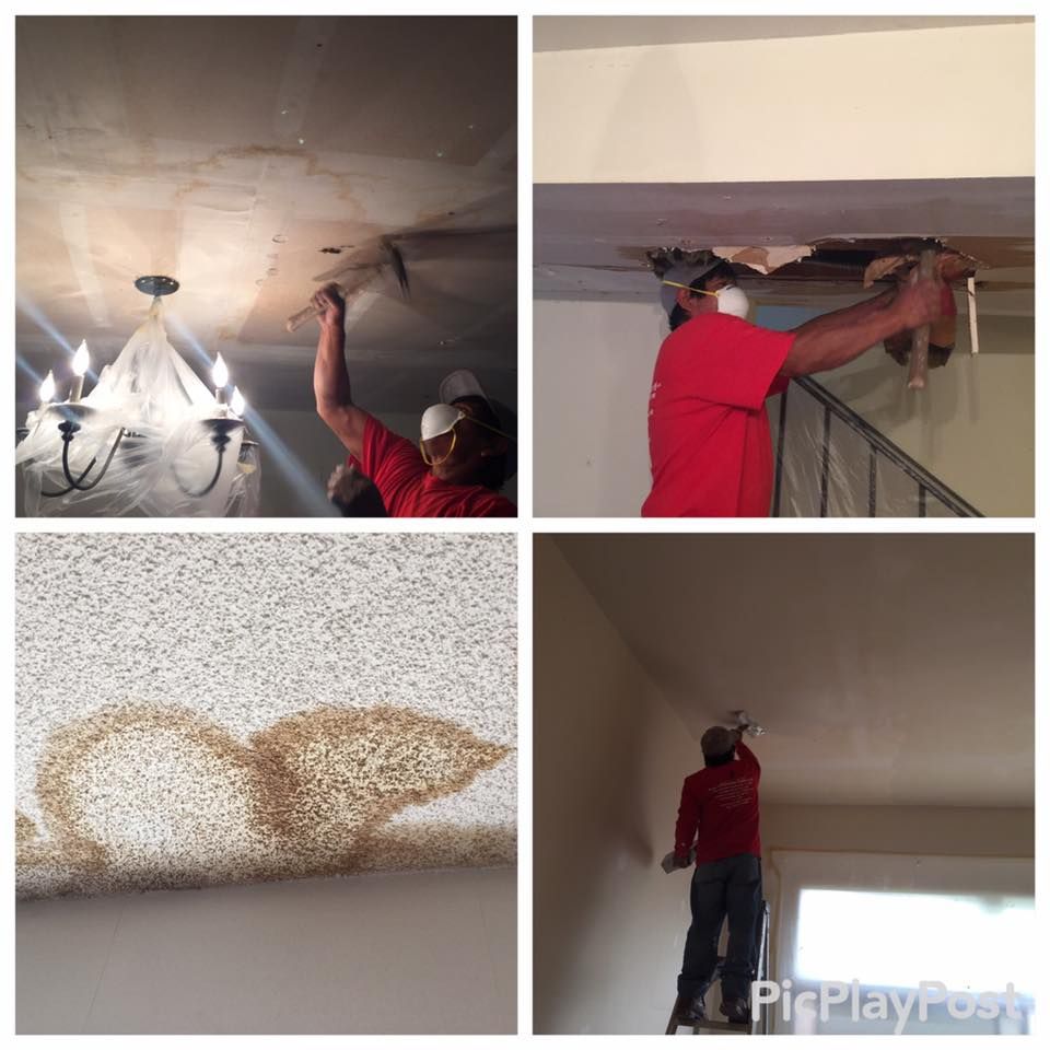 Four photos of a man in red shirt working on ceiling damage repair. One shows water stains.