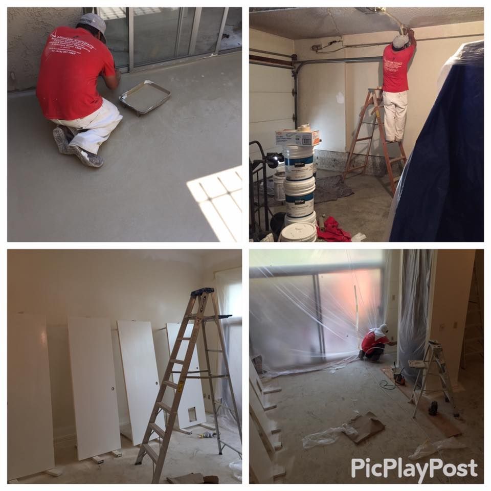 Four photos showing construction workers painting and renovating various rooms.