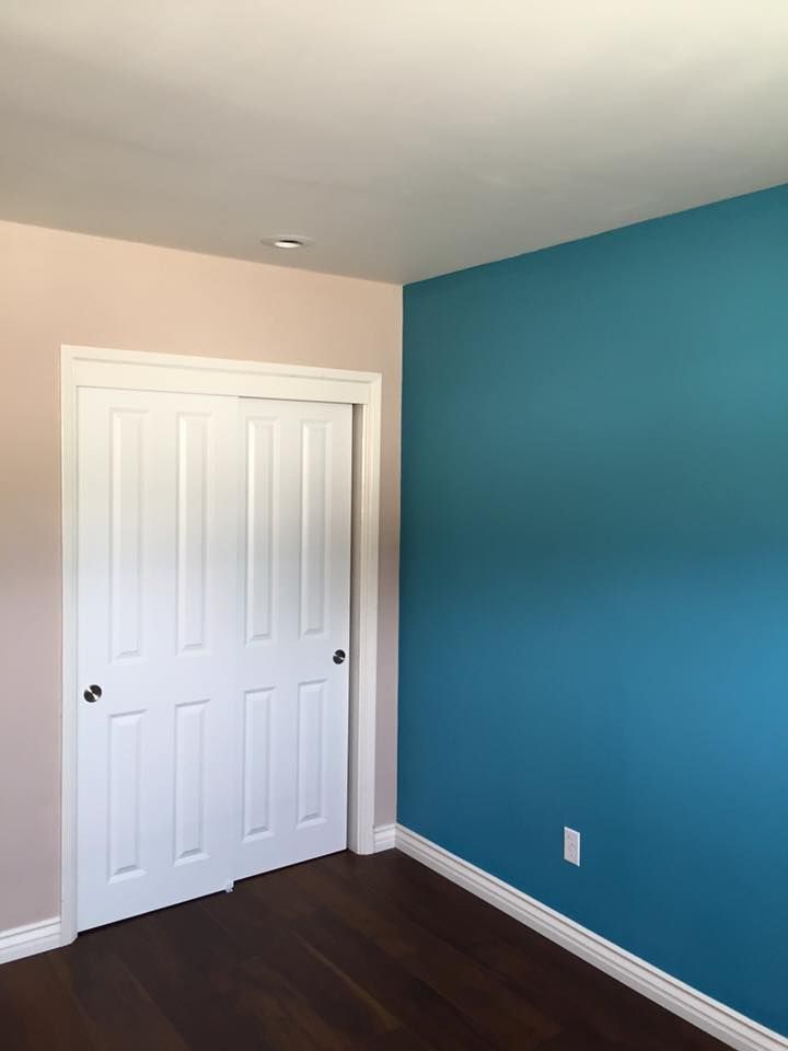 Interior view of a room: white closet door, teal and pink walls, dark wood floor.
