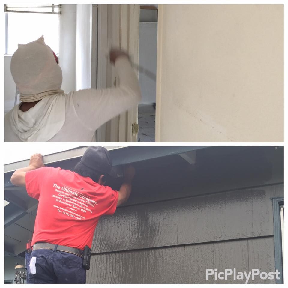 Two images: a person painting a wall, and a person working on the exterior of a house.