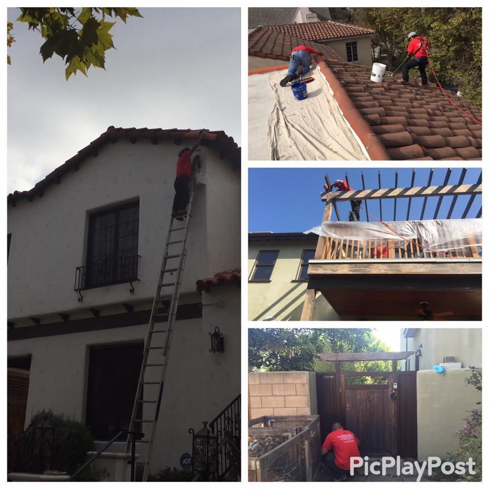 Workers painting/repairing various parts of a house: roof, walls, and fence.