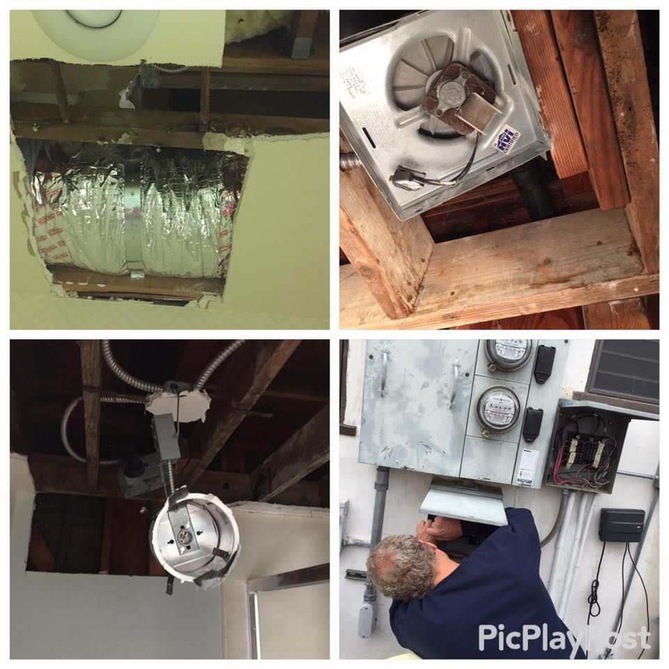 Electrical work in progress: ceiling vent, wiring, open ceiling, and a meter box being serviced.