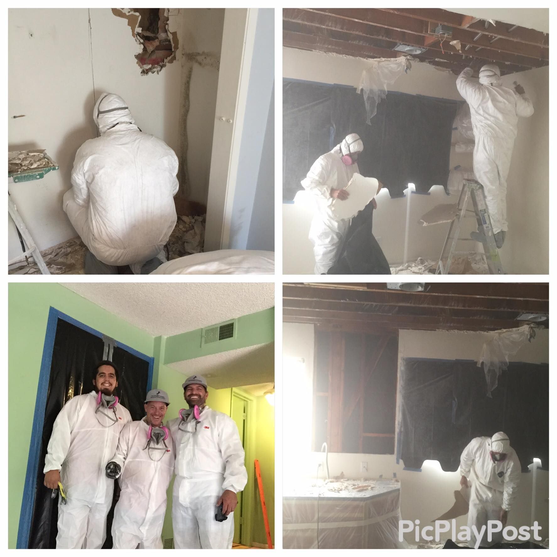 Four images showing workers in protective suits removing damaged drywall and debris from a room.