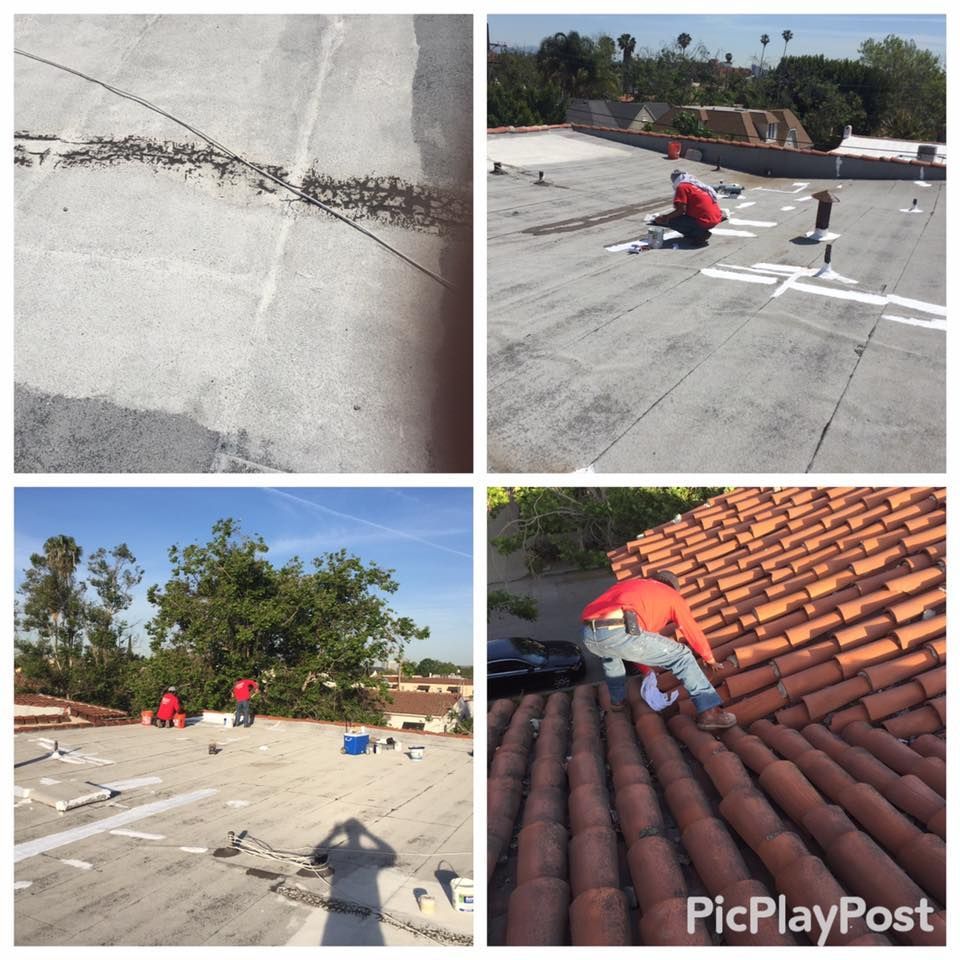 Four photos: roofers repairing flat and tile roofs.