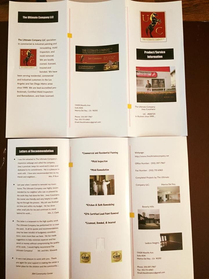 Brochure, tri-fold, black and red text, images of people, logo, and building.