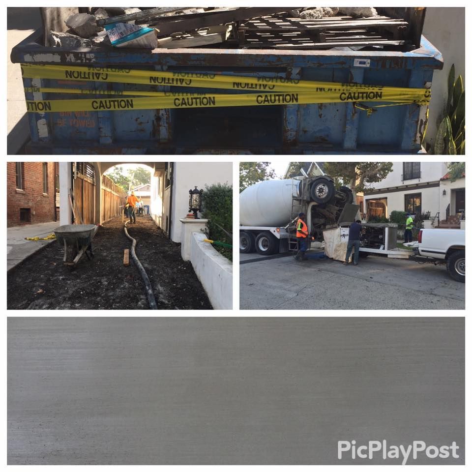 Construction scenes: debris-filled dumpster, paving crew applying asphalt, concrete being poured, smooth concrete surface.