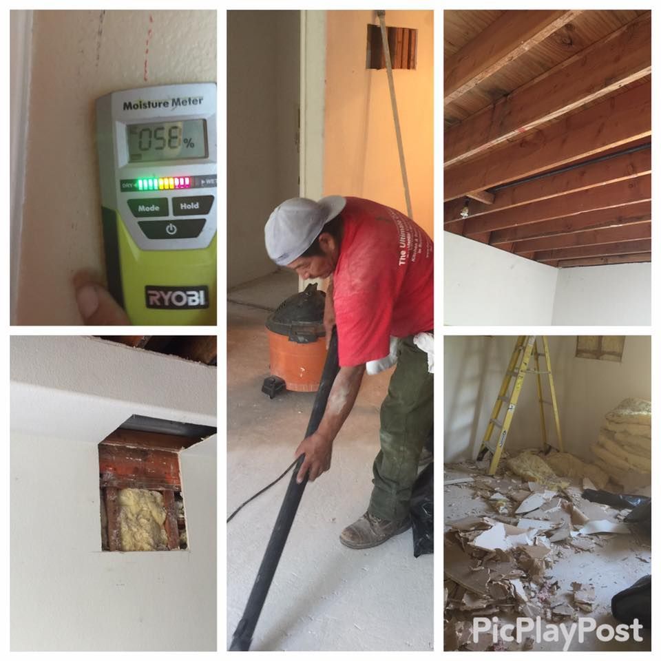 A collage of images showing a man cleaning up water damage in a room. Includes moisture meter and exposed ceiling.