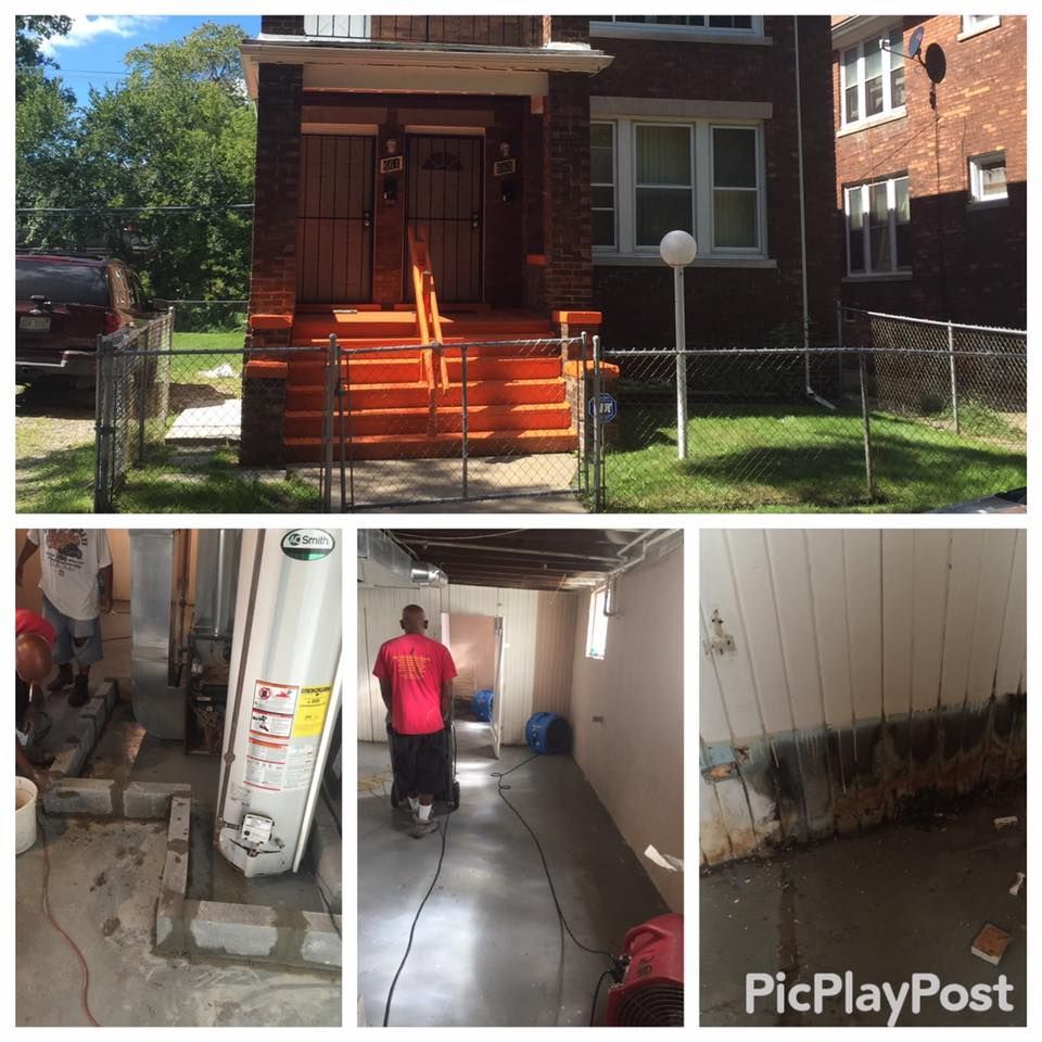House exterior and basement during renovation. Brick building, orange steps, and a flooded basement.