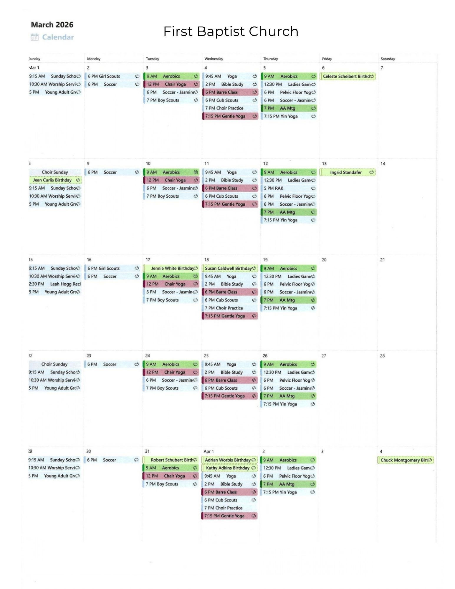 FBC Daycare flyer with announcements, a colorful illustration of children playing, and attendance details.