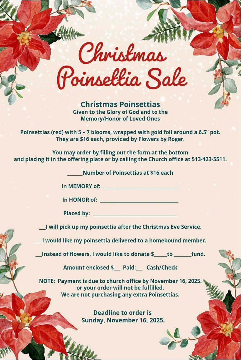 Christmas Poinsettia Sale flyer with red poinsettias and greenery.
