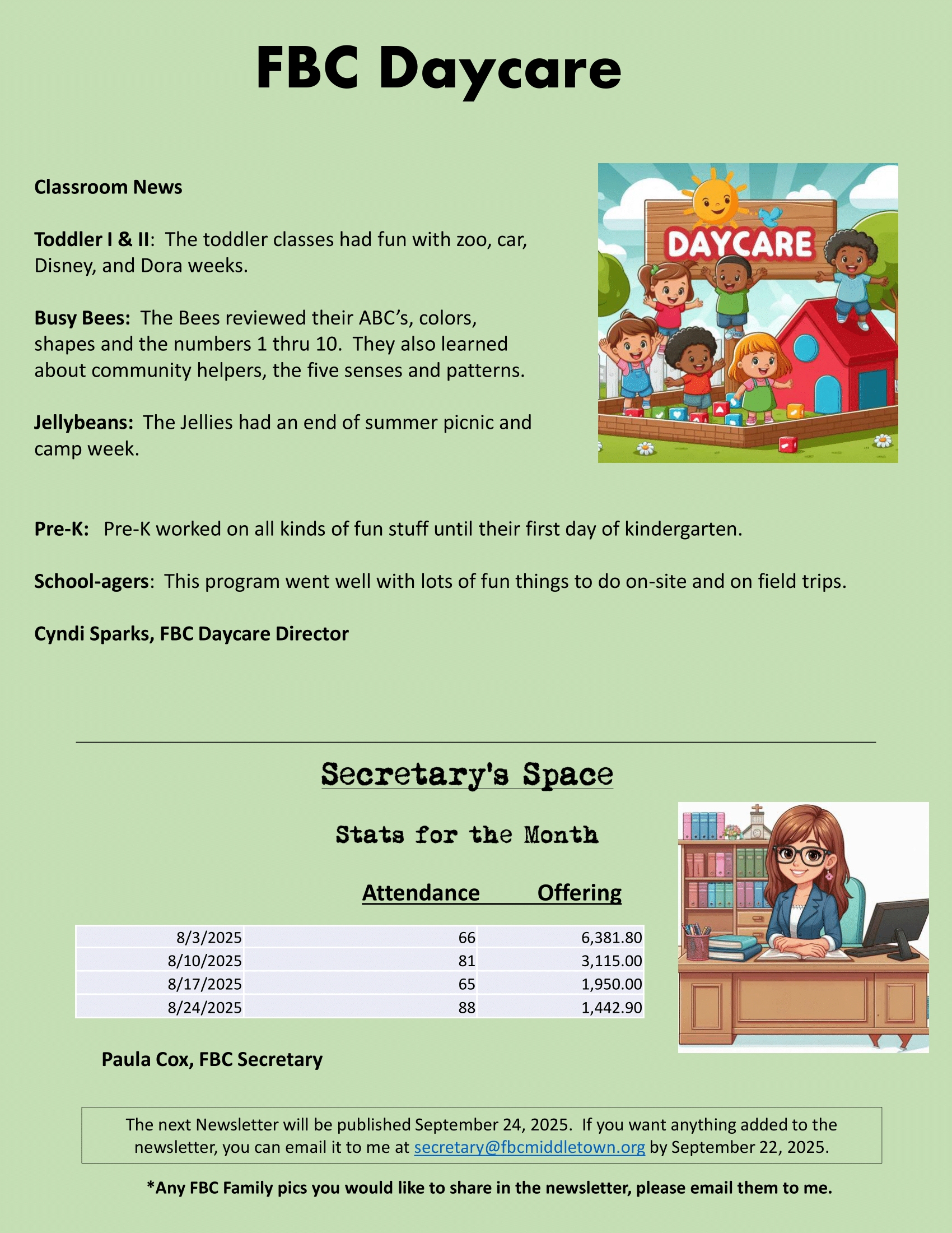 FBC Daycare flyer with text, children's drawing, Secretary's Space, and financial info.