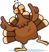 Cartoon turkey dancing, brown feathers, gesturing upwards with both hands, happy expression.