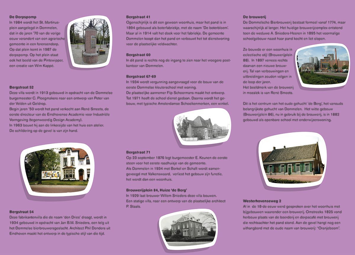 Een brochure met foto's van gebouwen en bomen.