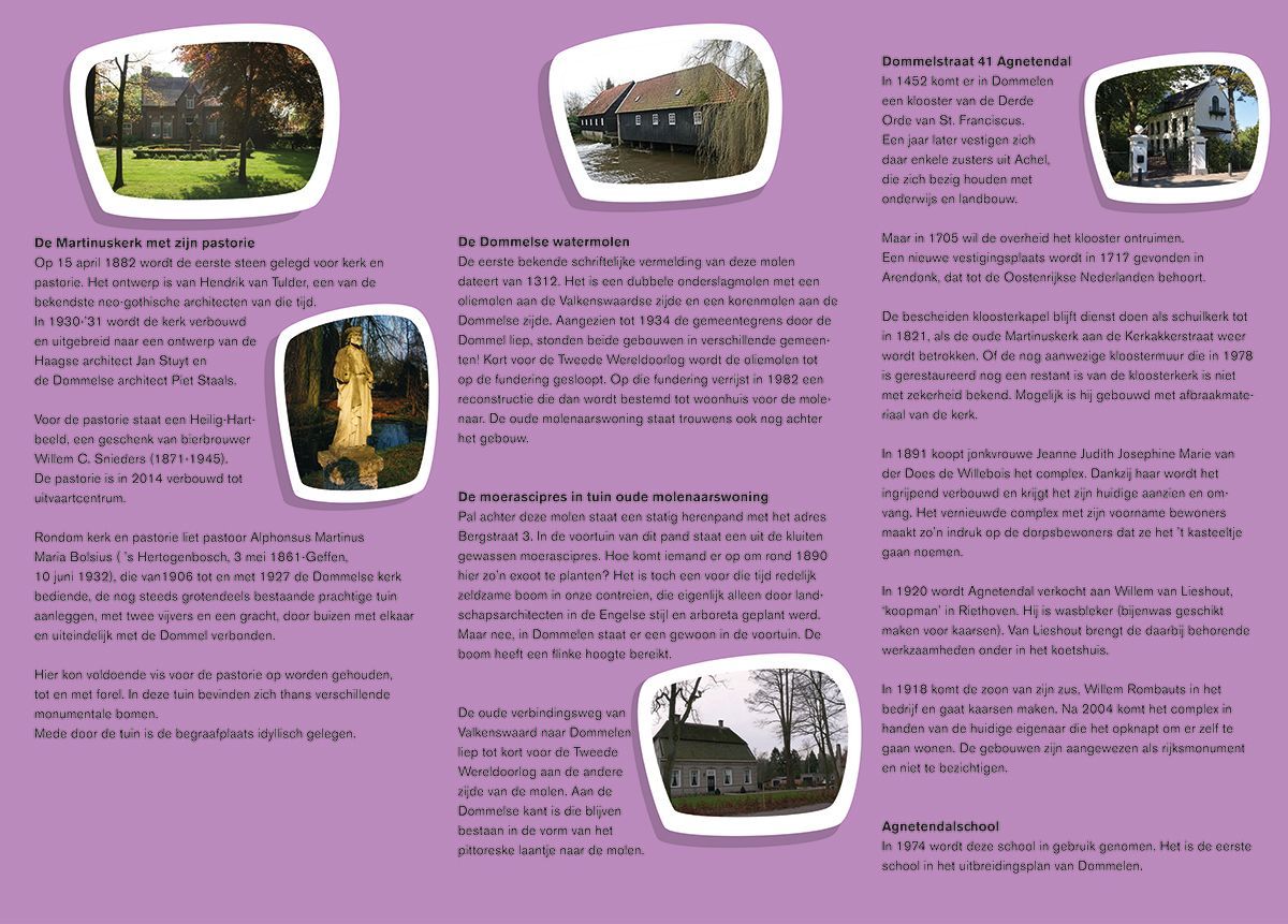 Een paarse brochure met afbeeldingen van gebouwen en bomen erop.