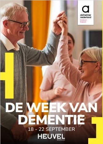 A poster for de week van dementie shows a man and woman dancing