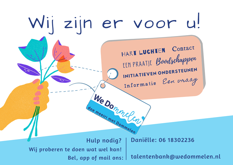 A hand holding flowers with a tag that says wij zijn er voor u