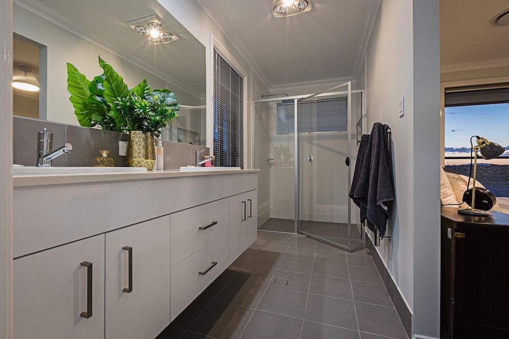 A Kitchen With White Cabinets And Shelves And A Plant On The Counter — Morphett Construction In Tamworth, NSW