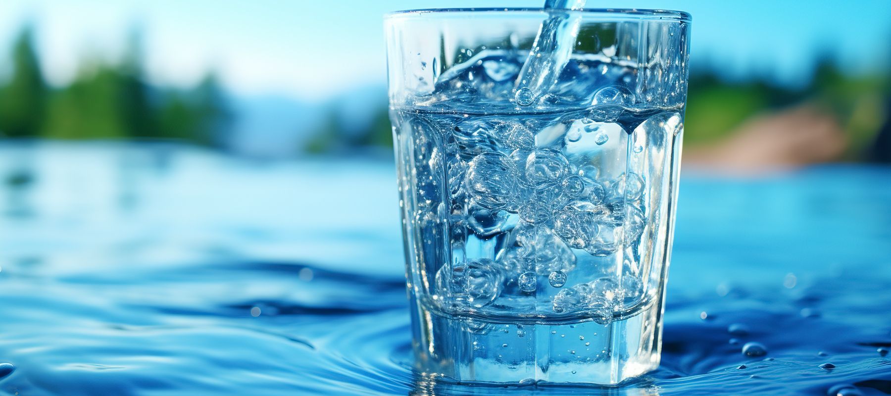 A glass of water is being poured into a pool of water.