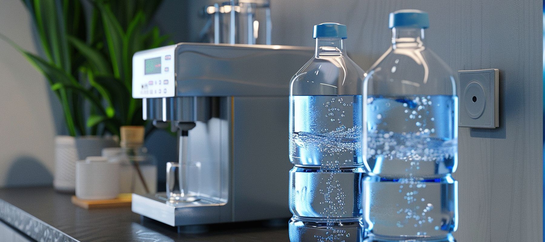 Two bottles of water are sitting on a counter next to a coffee machine.