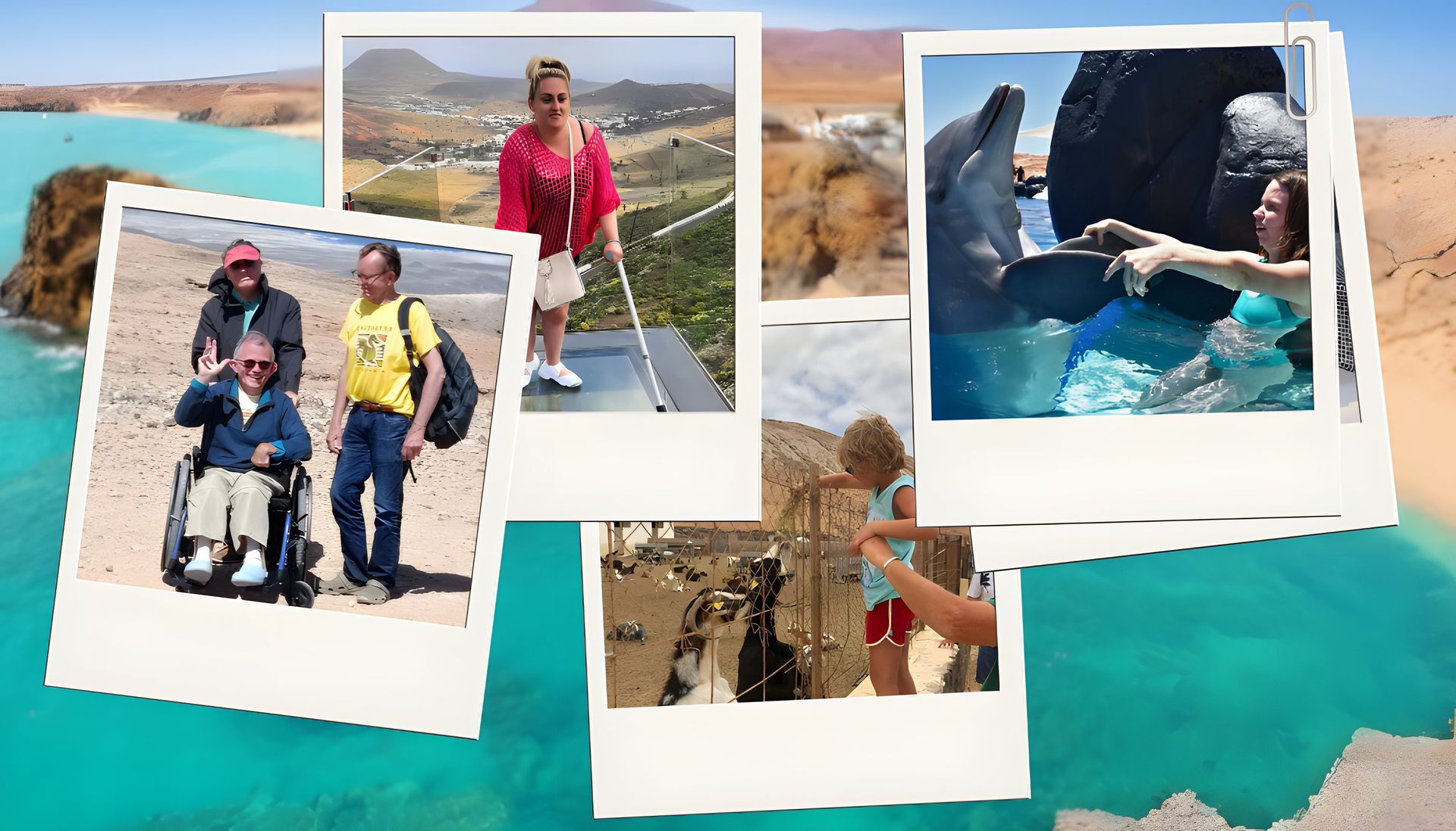 A collage of Polaroid pictures showcasing various adapted activities in Lanzarote: adapted paragliding, a viewpoint with a glass floor, a boy feeding goats, and a woman swimming with a dolphin