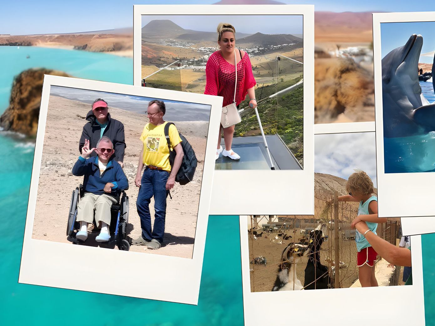 A collage of Polaroid pictures showcasing various adapted activities in Lanzarote: adapted paragliding, a viewpoint with a glass floor, a boy feeding goats, and swimming with a dolphin