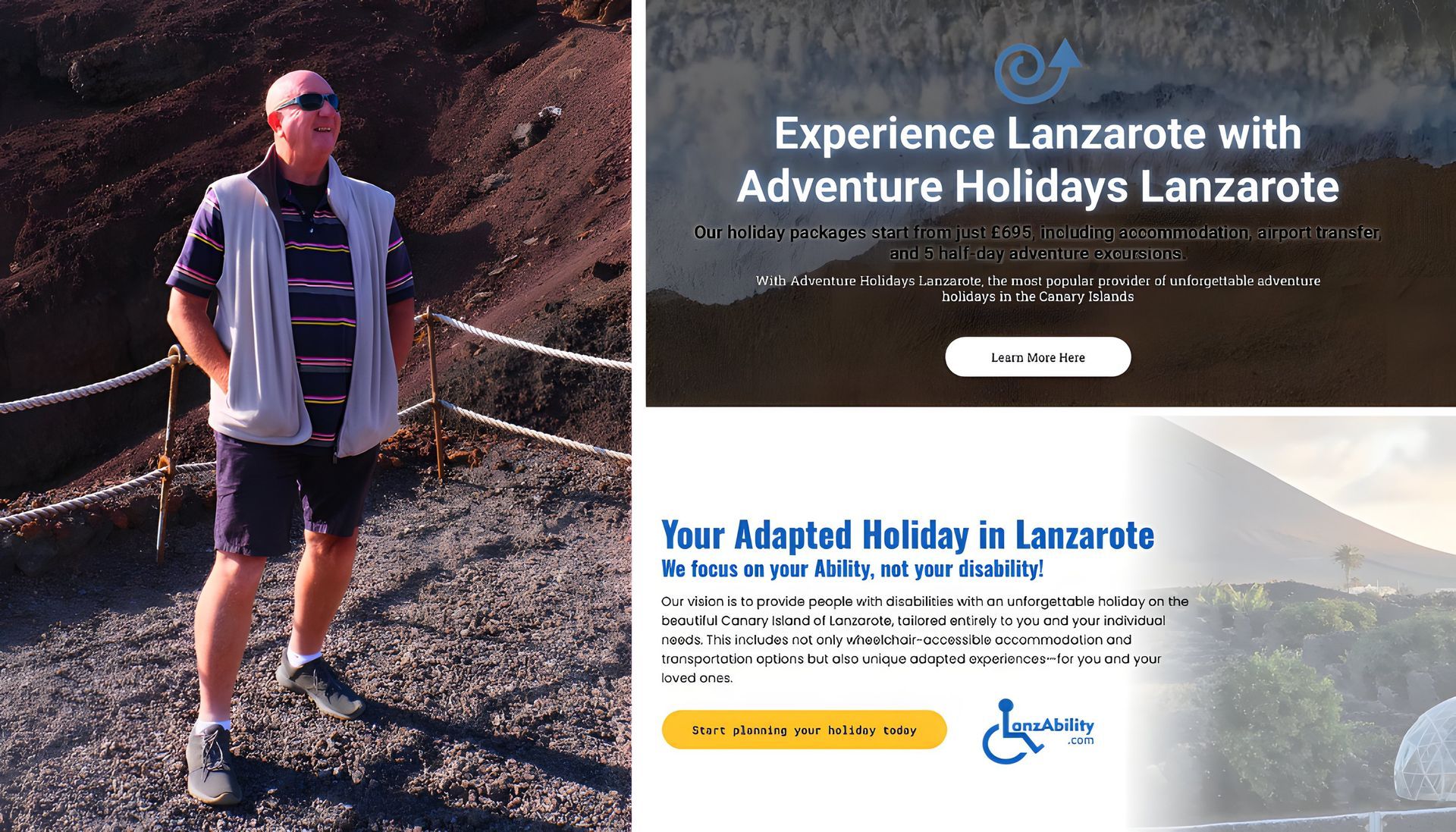 Crazy DAVID standing at the view point at the Green Lake in Lanzarote. On the right, the AHL (above) and LanzAbility (below) homepages
