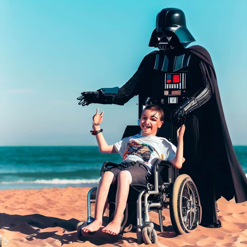 Darth vader is standing next to a boy in a wheelchair