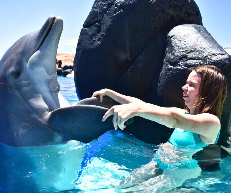 Maša swimming with a dolphin