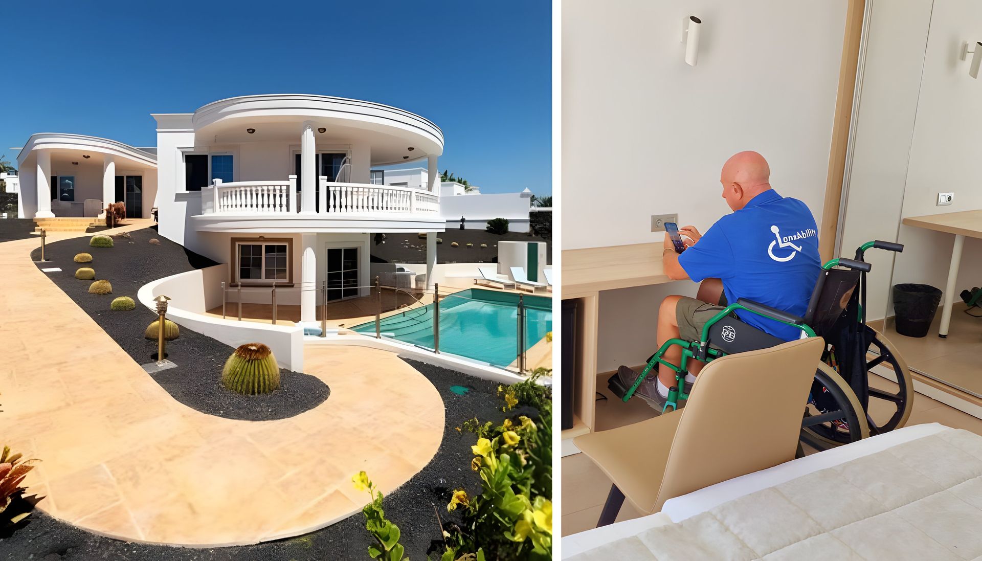 Photo of an accessible accommodation with a pool, featuring Crazy DAVID in a wheelchair exploring the property