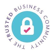 A logo for a trusted business community with a padlock and a check mark.