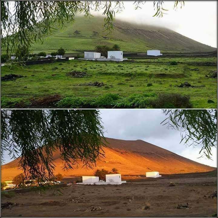 A collage of two pictures of a mountain and a field