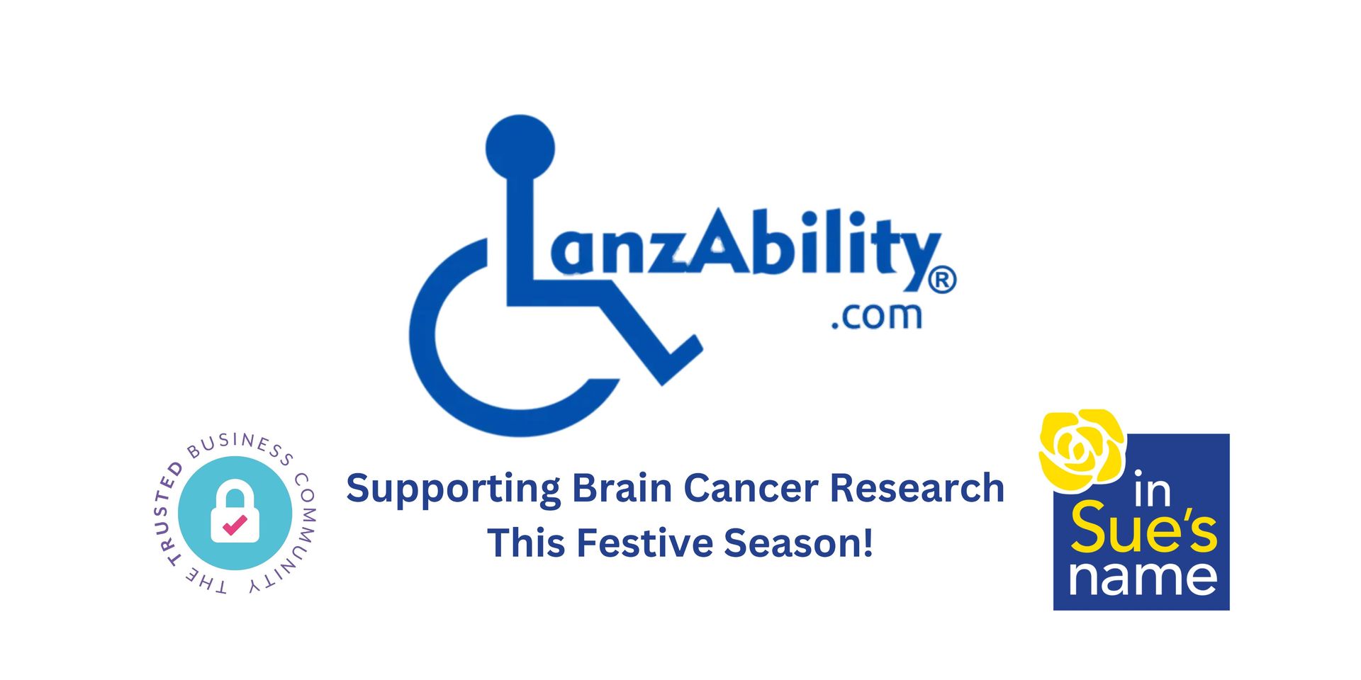 A logo for lanzability supporting brain cancer research this festive season