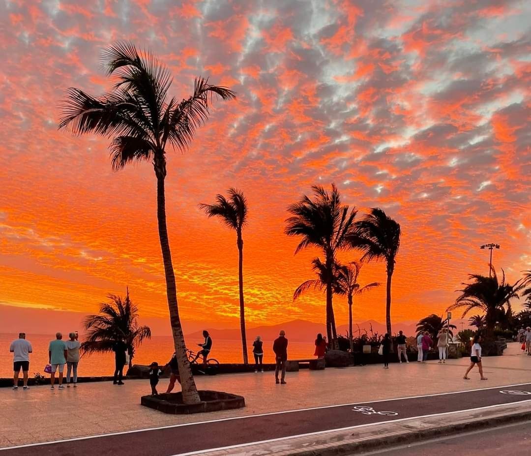 A group of people are standing on a beach at sunset.