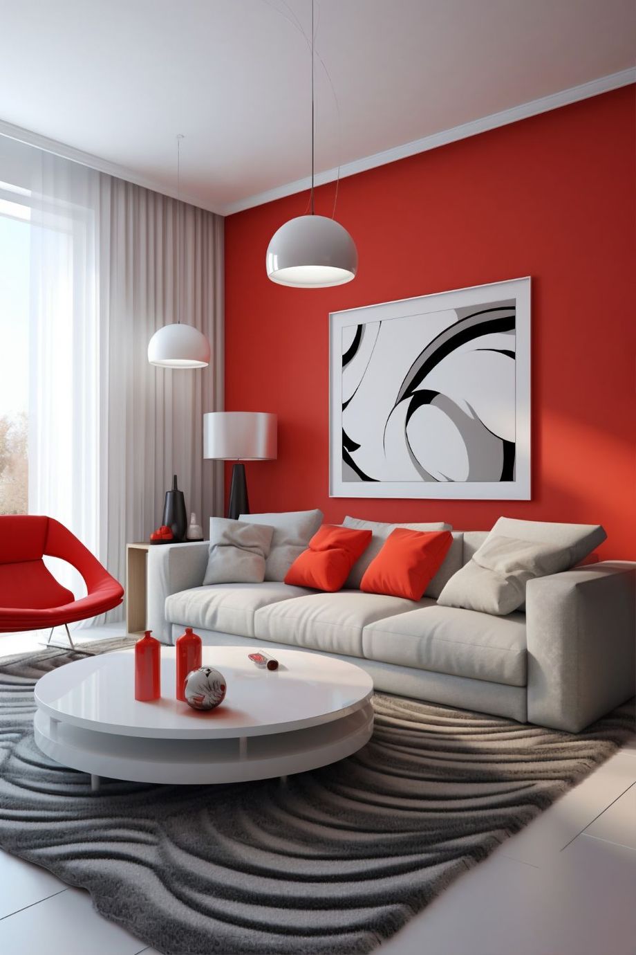 A living room with red walls and a white couch