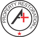 The logo for property restoration nc has a red cross in the middle of it.