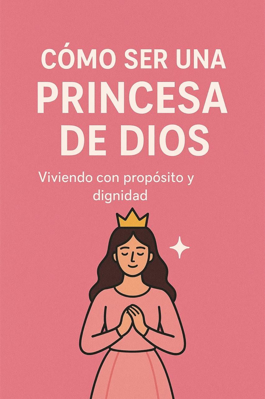 Book cover: "Cómo Ser Una Princesa de Dios". Woman with crown praying, pink background.