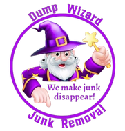 Logo of a purple wizard with a star wand, advertising "Dump Wizard Junk Removal".