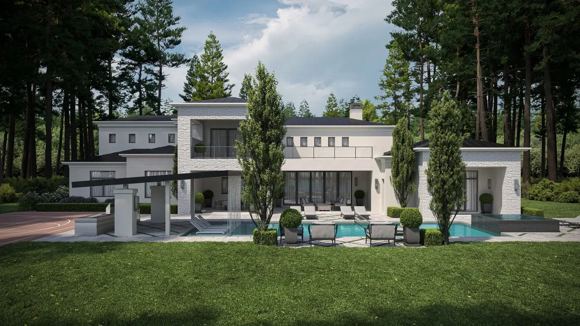 Rendering of a light-colored multi-story building with a brick facade and green foliage, set on a street.
