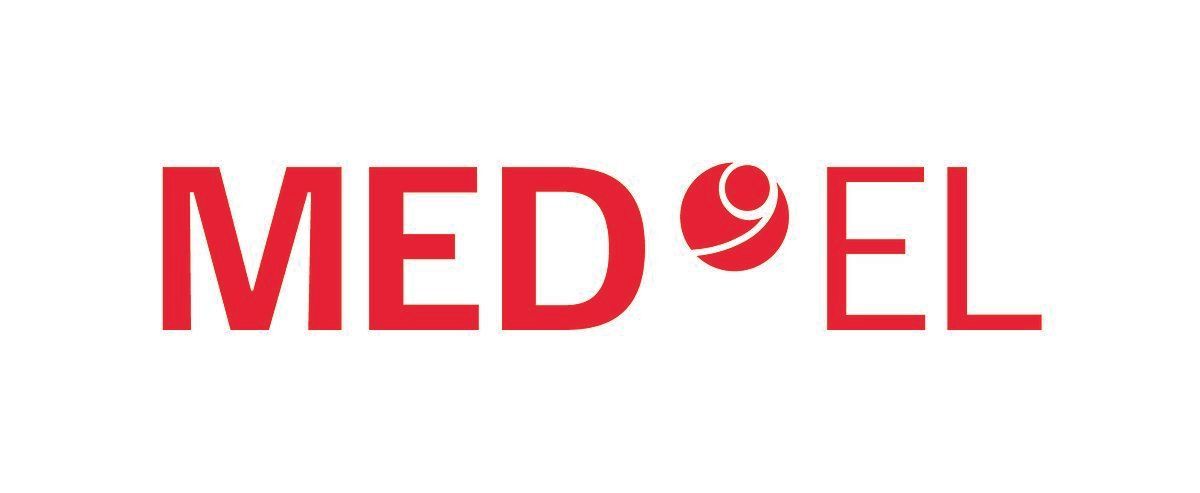 A red and white logo for med el on a white background.