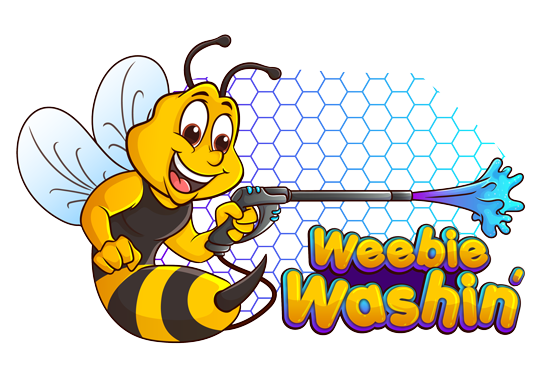 A cartoon bee is holding a high pressure washer.