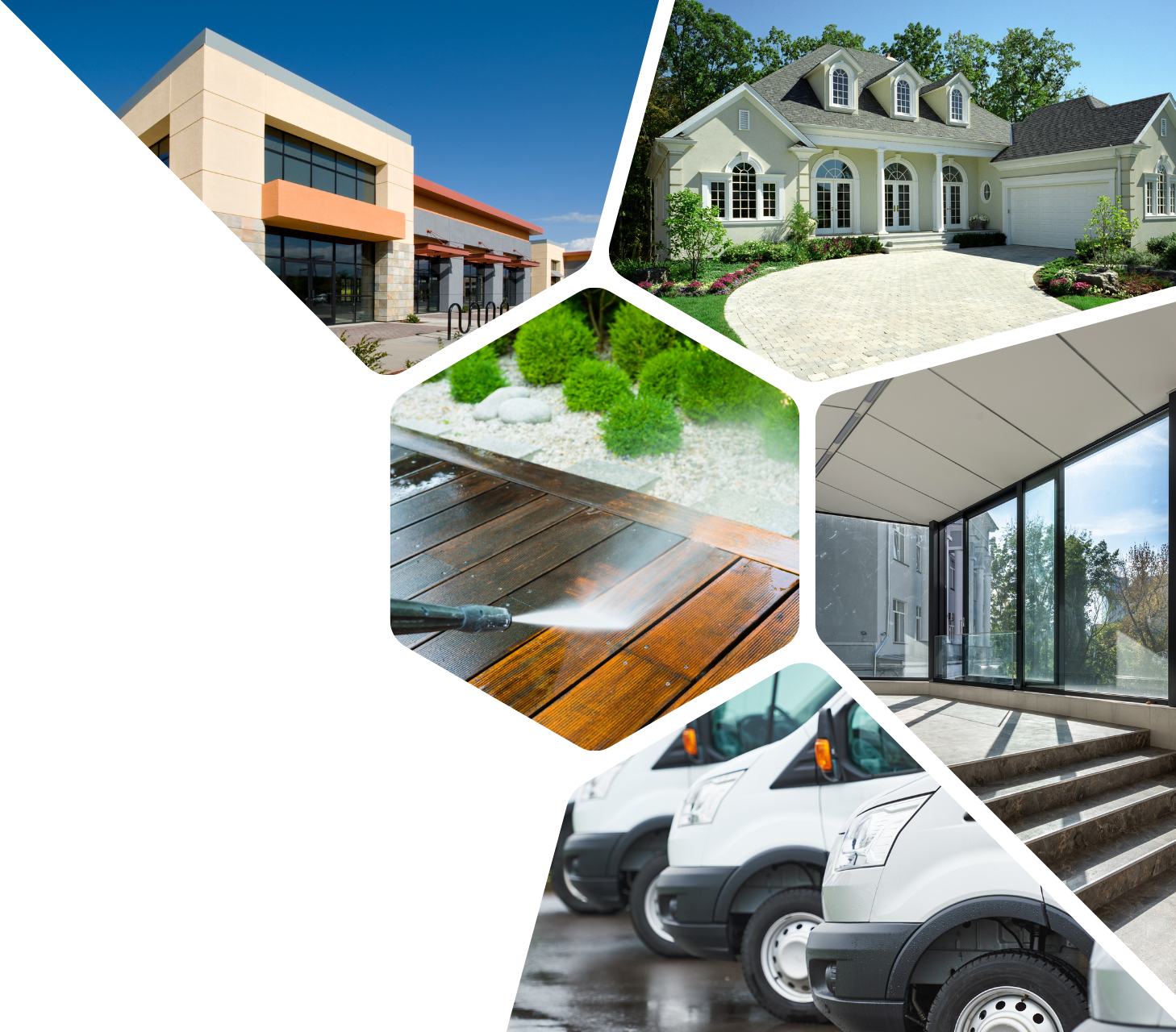 A collage of images including a house and a row of white vans