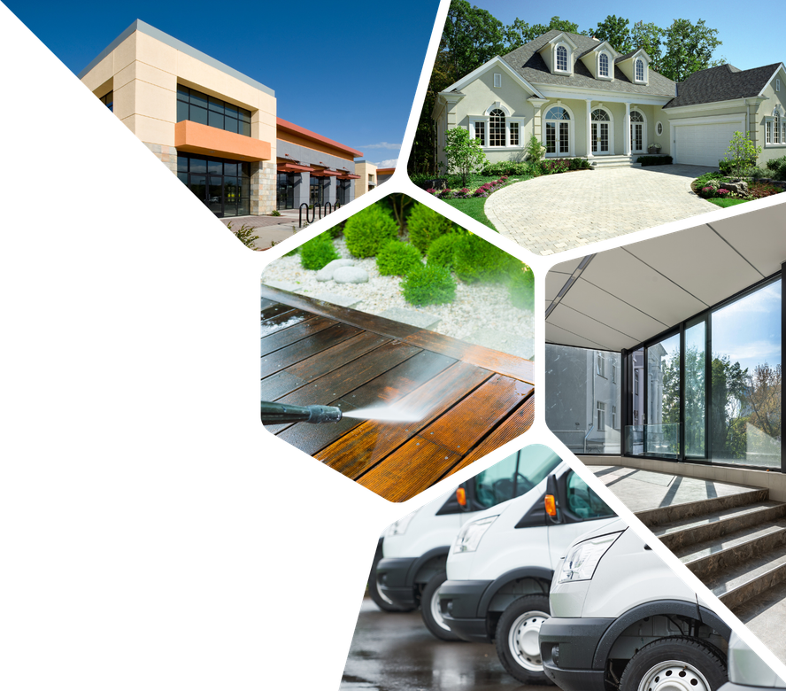 A collage of images including a house and a row of white vans