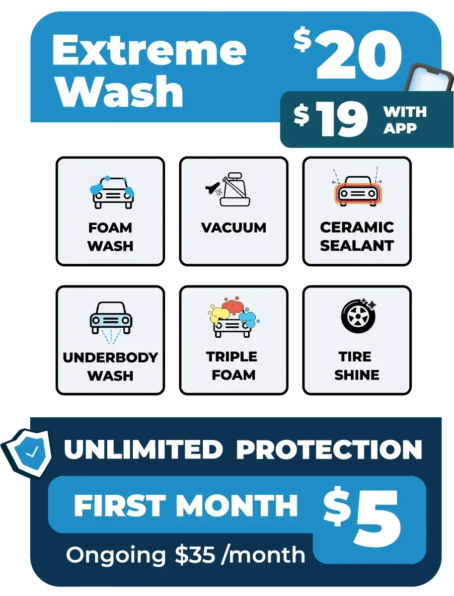 Promotional sign for an Extreme Wash costing $20 ($19 with app), plus a $5 first month offer for unlimited protection.