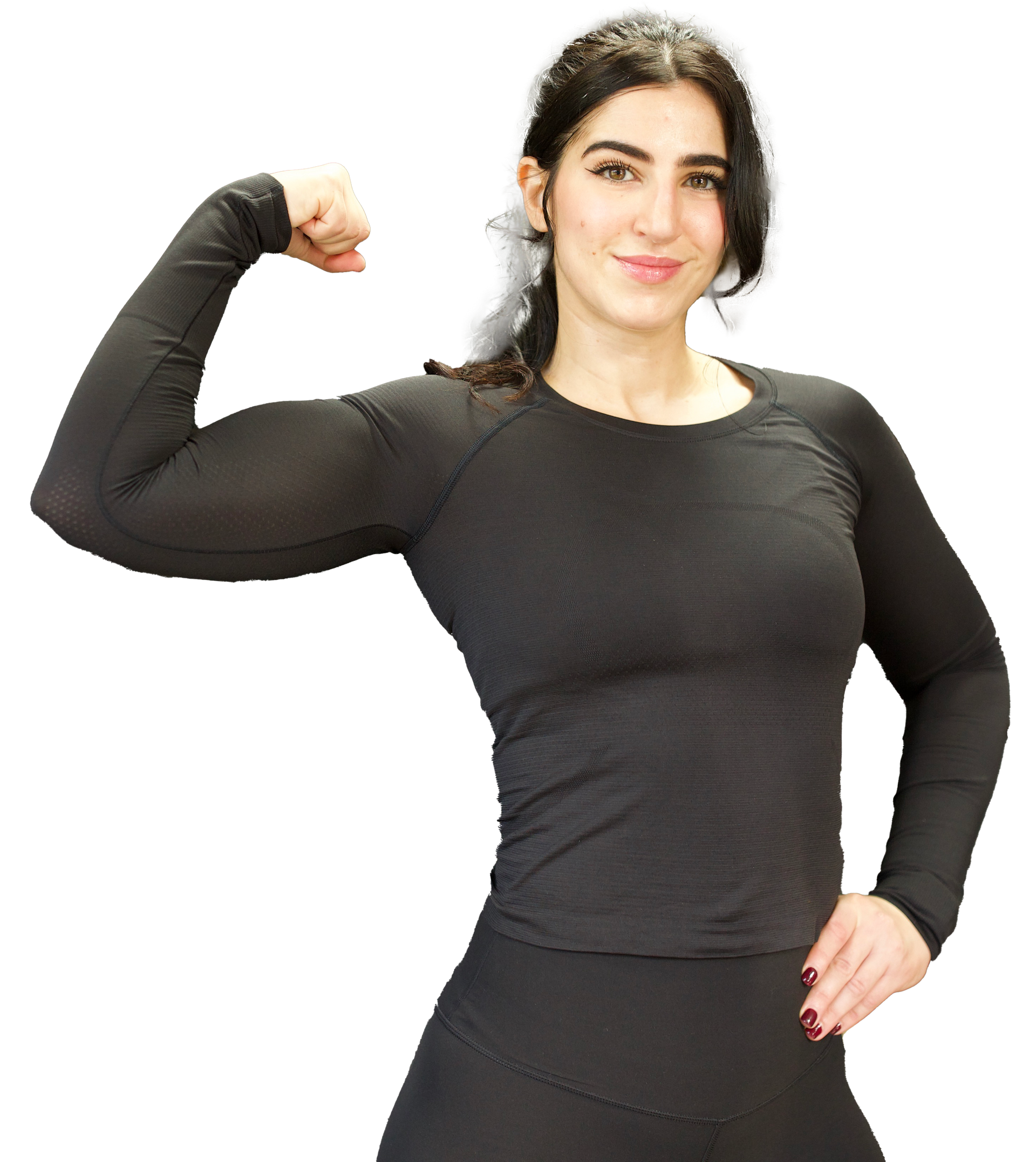 A woman in a black shirt is flexing her muscles. Joumana, workout and nutrition programs
