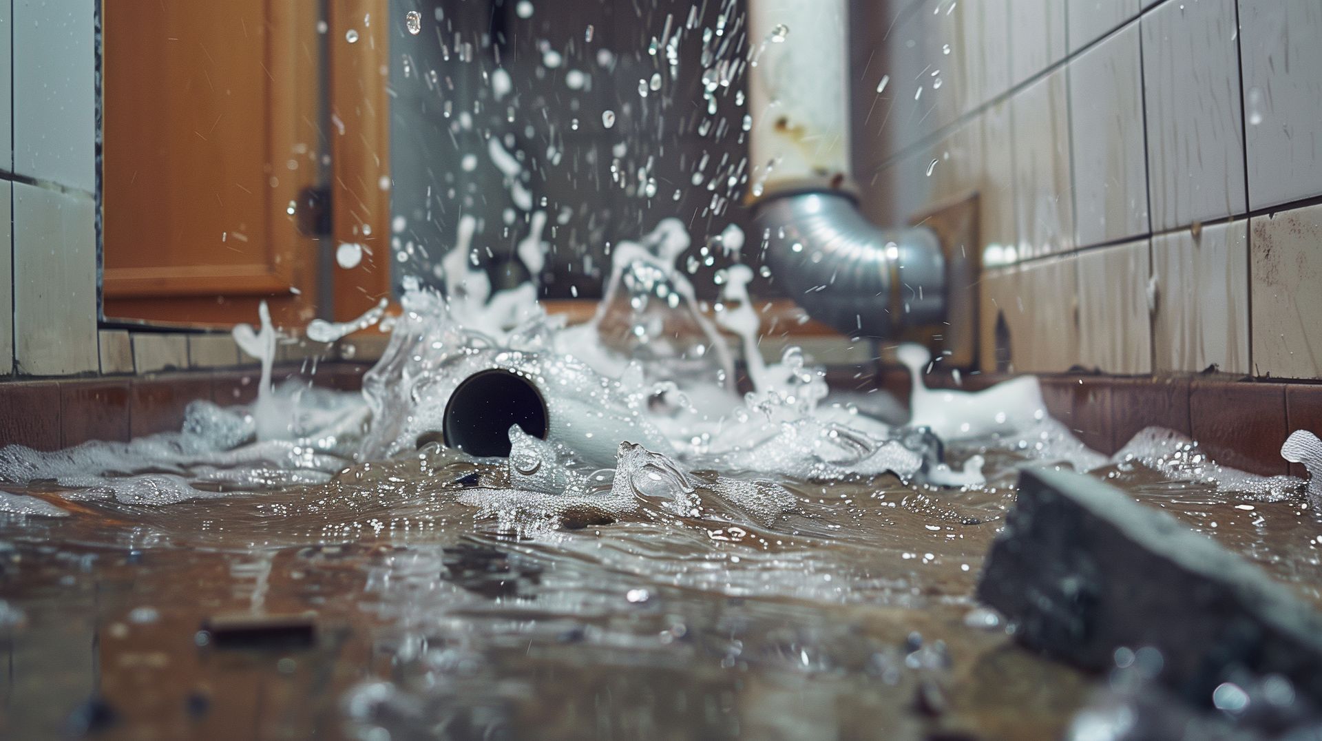 A burst pipe spraying water across a tiled floor in a room.