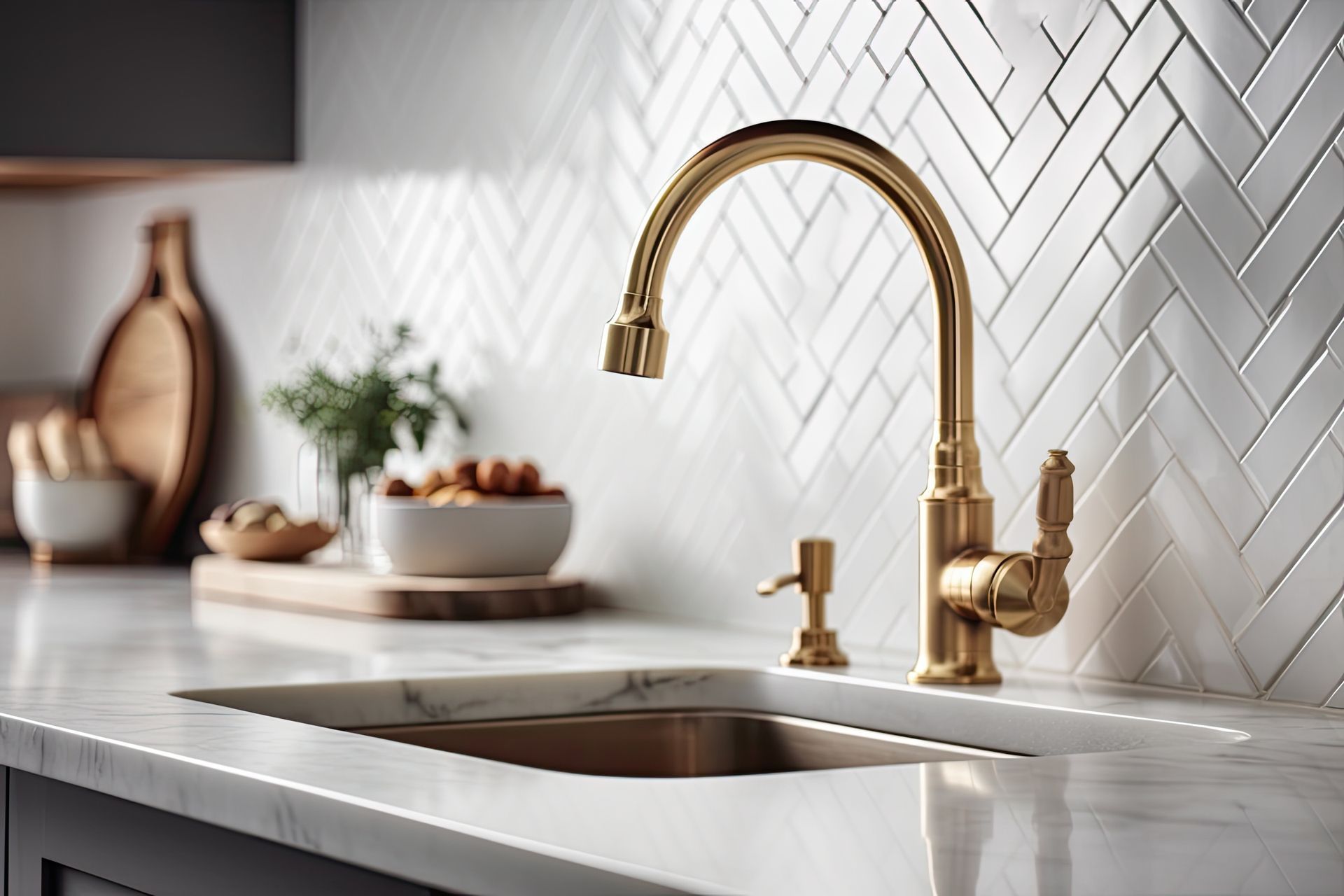 A gold kitchen faucet stands over a marble sink with a white herringbone tile backsplash in a modern kitchen.