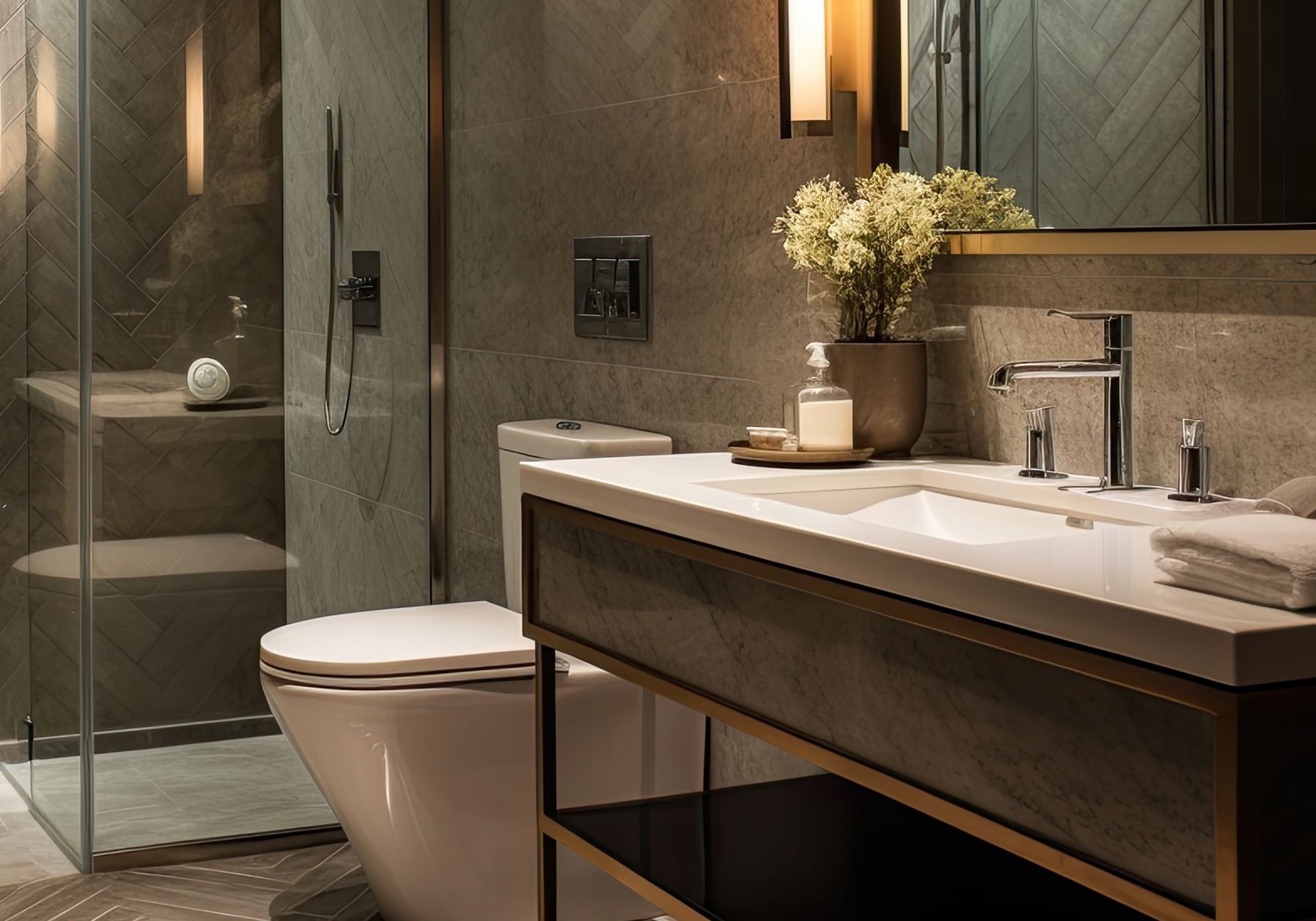 A modern bathroom with a grey stone vanity, a white sink, a glass-enclosed walk-in shower, and a white toilet.