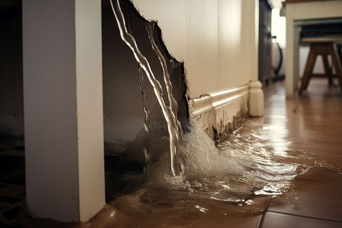 Water pours from a hole in a damaged interior wall, creating a pool on the floor of a room.