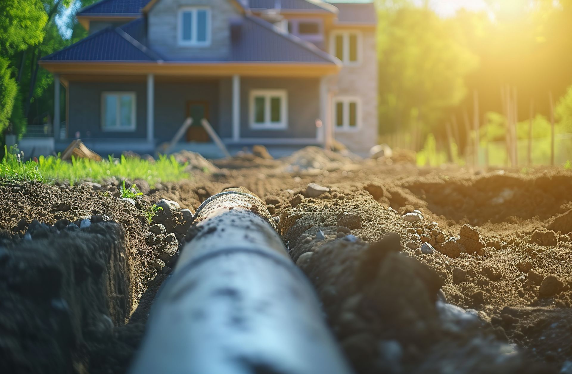 A pipe lies in a trench of dirt leading toward a house under construction in the golden sunlight.