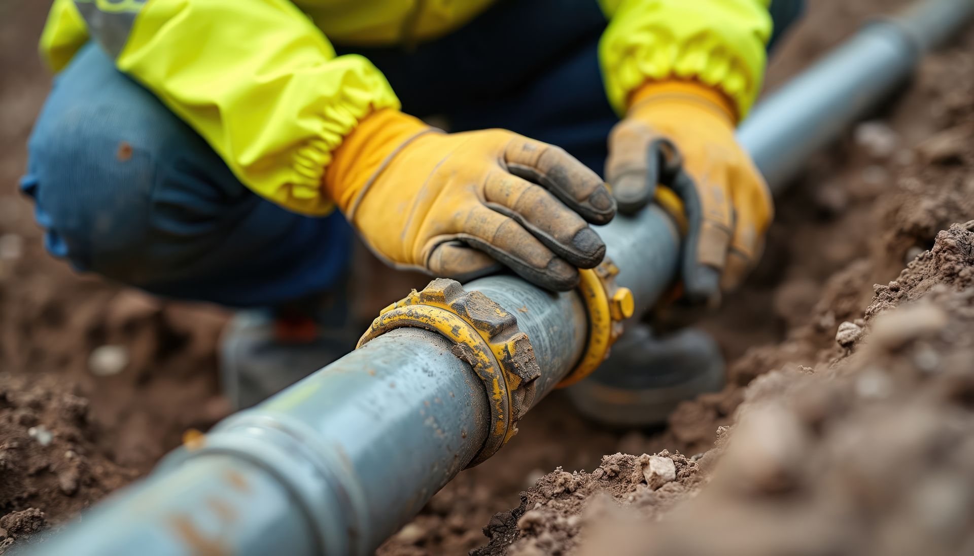 A person in a yellow jacket and gloves works on a gray pipe fitting in a dirt trench.